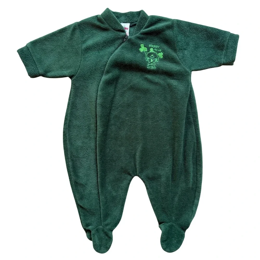 Vintage 80s Baby Fleece sleeper St Patricks Day Irish Clover‎ Green 0-3M